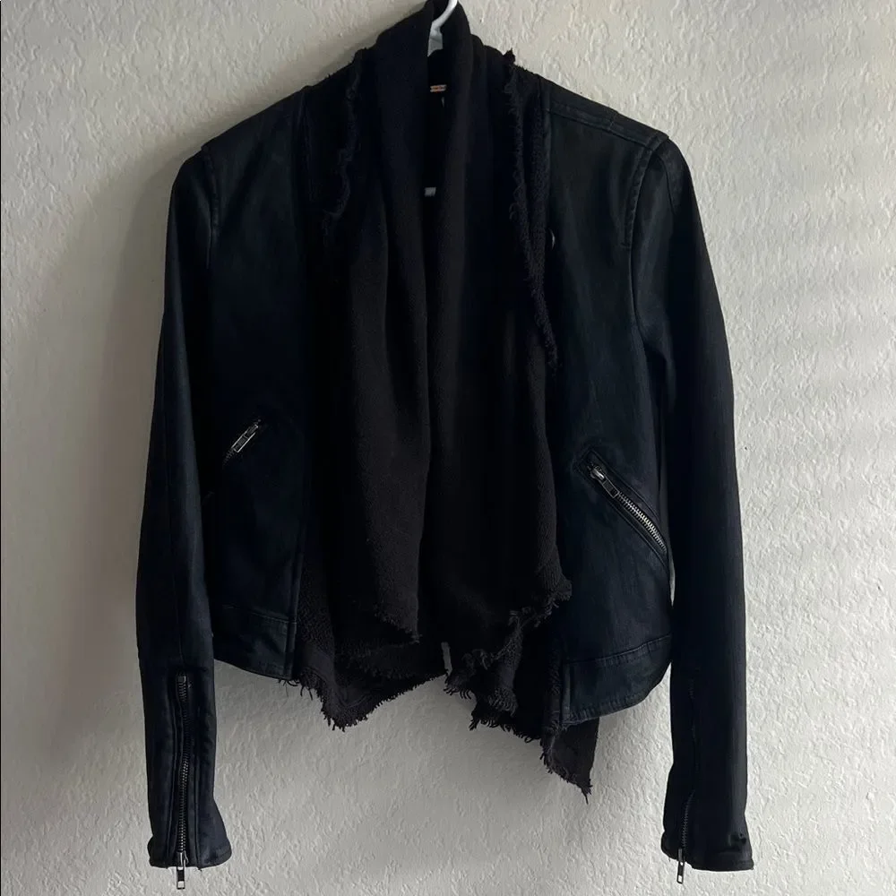 NWOT Free People Front Draped Coated Denim Moto Jacket Black size 2 - Picture 2 of 14